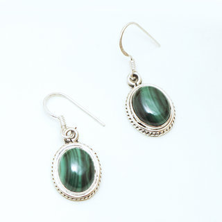 Bijoux Indiens Ethniques boucles d'oreilles argent 925 massif femme et pierre fine filigranes perles perles ovales Malachite vert - Inde 049