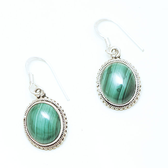 Boucles d'oreilles argent massif 925 ovales filigranes et Malachite - Inde 050