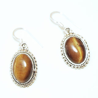 Bijoux Indiens Ethniques boucles d'oreilles argent 925 massif femme et pierre fine filigranes perles perles ovales Oeil de Tigre marron - Inde 053