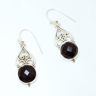 Bijoux Indiens Ethniques boucles d'oreilles argent 925 massif femme et pierre fine filigranes perles perles ovales ajoure Onyx noir - Inde 056