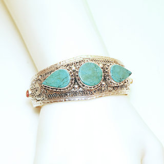 Bijoux Indiens Ethniques bracelet manchette en argent 925 femme tibetain bouddhiste filigranes newari pierre fine turquoise naturelle vritable rglable ajustable ouvert - Npal 024 b