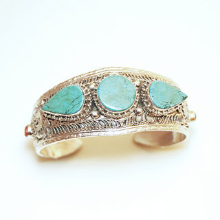 Bijoux Indiens Ethniques bracelet manchette en argent 925 femme tibetain bouddhiste filigranes newari pierre fine turquoise naturelle vritable rglable ajustable ouvert - Npal 024 d
