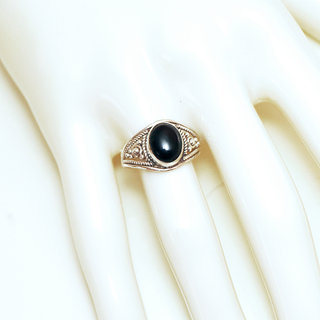 Bijoux ethniques Indiens bague en argent 925 massif et pierre fine ovale perles billes filigranes Onyx noir - Inde 196 b