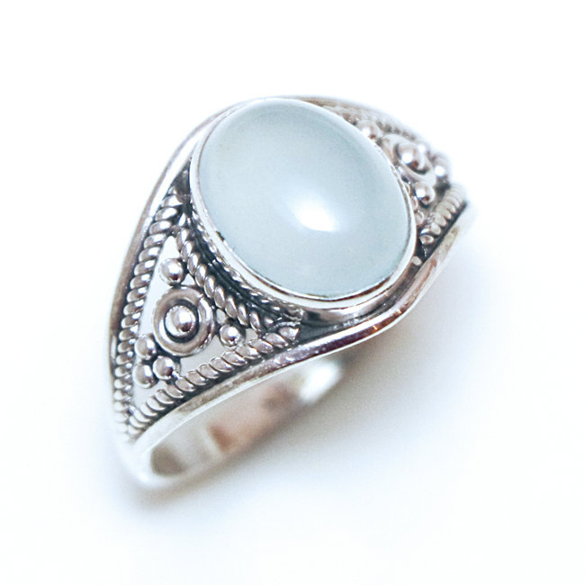 Bague fine ovale filigranes argent 925 et Calcédoine bleue - Inde 196