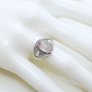 Bijoux ethniques Indiens bague en argent 925 massif et pierre fine ovale navette marquise filigranes Quartz rose - Inde 147 b