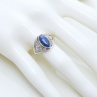 Bijoux ethniques Indiens bague en argent 925 massif et pierre fine ovale navette marquise filigranes Lapis-Lazuli bleu fonc - Inde 147 b