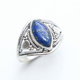 Bijoux ethniques Indiens bague en argent 925 massif et pierre fine ovale navette marquise filigranes Lapis-Lazuli bleu fonc - Inde 147