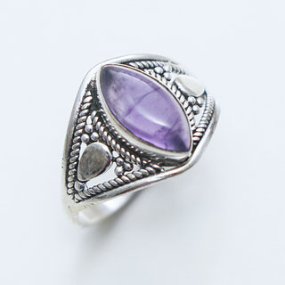 Bijoux ethniques Indiens bague en argent 925 massif et pierre fine ovale navette marquise filigranes Amthyste violet mauve - Inde 147