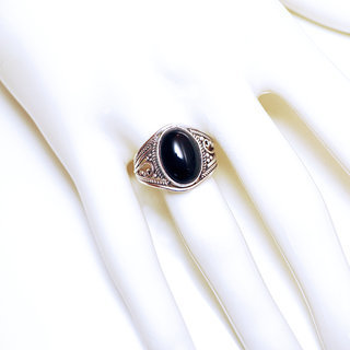 Bijoux ethniques Indiens bague en argent 925 massif et pierre fine ovale ouverte ajoure filigranes Onyx noir - Inde 148 b