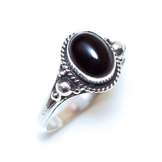 Bijoux ethniques Indiens bague en argent 925 massif femme et pierre fine ovale perles perles billes trio filigranes Onyx noir - Inde 149