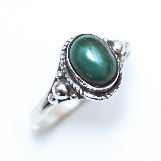 Bague fine ovale filigranes perle argent 925 et Malachite - Inde 149