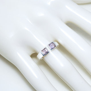 Bijoux ethniques Indiens bague femme en argent 925 massif pierres semi-prcieuses Amthyste violet claire facette fine rglable ajustable ouverte duo double carrs - Inde 154b