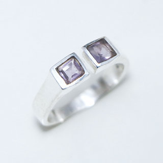 Bijoux ethniques Indiens bague femme en argent 925 massif pierres semi-prcieuses Amthyste violet claire facette fine rglable ajustable ouverte duo double carrs - Inde 154a