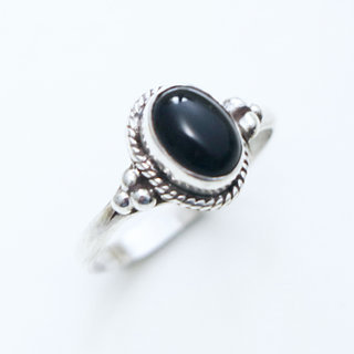 Bijoux ethniques Indiens bague en argent 925 massif femme et pierre fine ovale perles perles billes trio triple filigranes Onyx noir - Inde 155