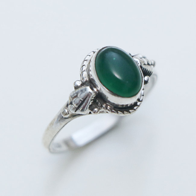 Bague argent massif 925 fine ovale et Agate verte - Inde 152