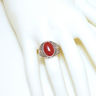 Bijoux ethniques Indiens bague en argent 925 massif et pierre fine ovale ouverte ajoure filigranes Cornaline orange - Inde 148 b