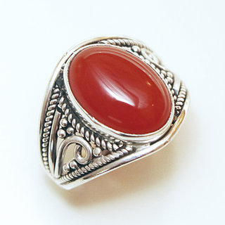 Bijoux ethniques Indiens bague en argent 925 massif et pierre fine ovale ouverte ajoure filigranes Cornaline orange - Inde 148