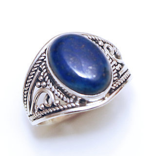 Bijoux ethniques Indiens bague en argent 925 massif et pierre fine ovale ouverte ajoure filigranes Lapis-Lazuli vritable - Inde 148