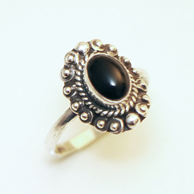 Bague argent massif 925 fine ovale perles et Onyx - Inde 156