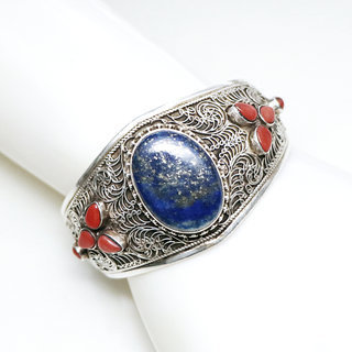 Bijoux indiens Ethniques bracelet manchette en argent 925 massif femme filigranes tibtain Lapis Lazuli corail turquoise vritable npalais - Tibet Npal 026 b