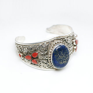 Bijoux indiens Ethniques bracelet manchette en argent 925 massif femme filigranes tibtain Lapis Lazuli corail turquoise vritable npalais - Tibet Npal 026 d