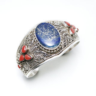 Bijoux indiens Ethniques bracelet manchette en argent 925 massif femme filigranes tibtain Lapis Lazuli corail turquoise vritable npalais - Tibet Npal 026