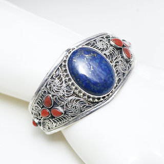 Bijoux indiens Ethniques bracelet manchette en argent 925 massif femme filigranes tibtain Lapis Lazuli corail vritable npalais - Tibet Npal 028 b