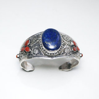 Bijoux indiens Ethniques bracelet manchette en argent 925 massif femme filigranes tibtain Lapis Lazuli corail vritable npalais - Tibet Npal 028 d