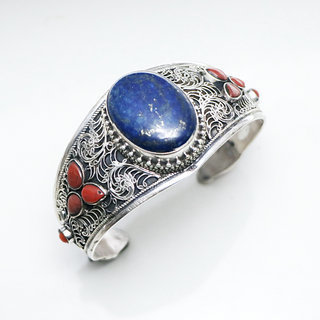 Bijoux indiens Ethniques bracelet manchette en argent 925 massif femme filigranes tibtain Lapis Lazuli corail vritable npalais - Tibet Npal 028