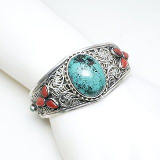 Bijoux indiens Ethniques bracelet manchette en argent 925 massif femme filigranes tibtain turquoise corail vritable npalais - Tibet Npal 029 b