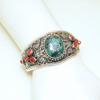 Bijoux indiens Ethniques bracelet manchette en argent 925 massif femme filigranes tibtain turquoise corail vritable npalais - Tibet Npal 030 b