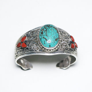 Bijoux indiens Ethniques bracelet manchette en argent 925 massif femme filigranes tibtain turquoise corail vritable npalais - Tibet Npal 030 d