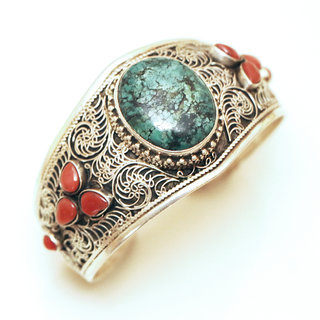 Bijoux indiens Ethniques bracelet manchette en argent 925 massif femme filigranes tibtain turquoise corail vritable npalais - Tibet Npal 030