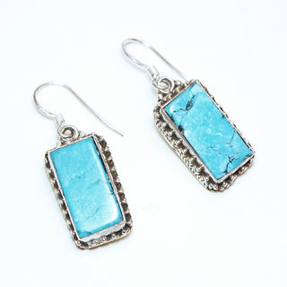 Bijoux ethniques indiens boucles d'oreilles en argent pierres semi-prcieuses 925 femme pendantes filigranes rectangle et pierres fines vraie Turquoise naturelle vritable indiennes - Npal 007