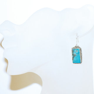 Bijoux ethniques indiens boucles d'oreilles en argent pierres semi-prcieuses 925 femme pendantes filigranes rectangle et pierres fines vraie Turquoise naturelle vritable indiennes - Npal 011 b