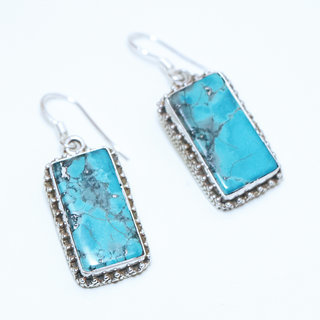 Bijoux ethniques indiens boucles d'oreilles en argent pierres semi-prcieuses 925 femme pendantes filigranes rectangle et pierres fines vraie Turquoise naturelle vritable indiennes - Npal 011