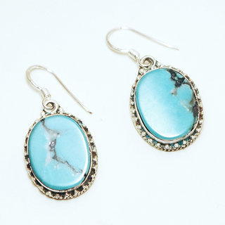 Bijoux ethniques indiens boucles d'oreilles en argent pierres semi-prcieuses 925 femme pendantes filigranes ovales et pierres fines vraie Turquoise naturelle vritable indiennes - Npal 015