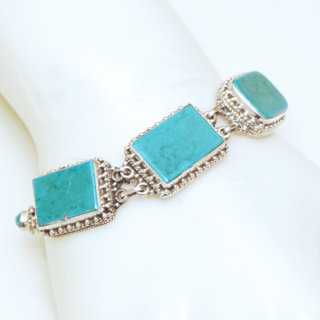 Bijoux Ethniques indiens bracelet argent 925 massif femme filigranes pierre fine rectangle vraie Turquoise naturelle vritable - Npal 032 z