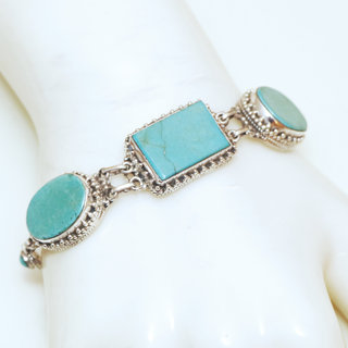 Bijoux Ethniques indiens bracelet argent 925 massif femme filigranes pierre fine rectangle ovale vraie Turquoise naturelle vritable - Npal 033 b