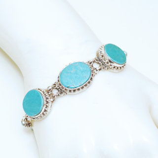 Bijoux Ethniques indiens bracelet argent 925 massif femme filigranes pierre fine rond cercle ovale vraie Turquoise naturelle vritable - Npal 034 b