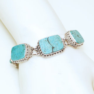 Bijoux Ethniques indiens bracelet argent 925 massif femme filigranes pierre fine rectangle vraie Turquoise naturelle vritable - Npal 035 a