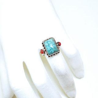 Bijoux ethniques indiens bague en argent 925 massif filigranes femme homme large chevalire rectangle perles et pierre fine vraie turquoise naturelle vritable corail rouge npalais - Npal 137 b