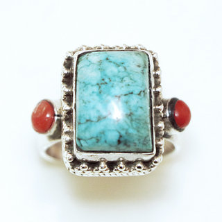 Bijoux ethniques indiens bague en argent 925 massif filigranes femme homme large chevalire rectangle perles et pierre fine vraie turquoise naturelle vritable corail rouge npalais - Npal 137 c