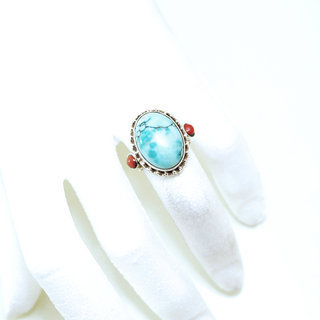 Bijoux ethniques indiens bague en argent 925 massif filigranes femme homme large chevalire rectangle perles et pierre fine vraie turquoise naturelle vritable corail rouge npalais - Npal 138 b