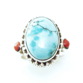 Bijoux ethniques indiens bague en argent 925 massif filigranes femme homme large chevalire rectangle perles et pierre fine vraie turquoise naturelle vritable corail rouge npalais - Npal 138 c