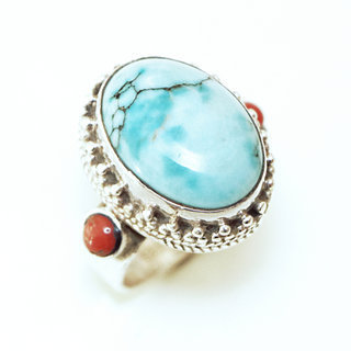 Bijoux ethniques indiens bague en argent 925 massif filigranes femme homme large chevalire rectangle perles et pierre fine vraie turquoise naturelle vritable corail rouge npalais - Npal 138