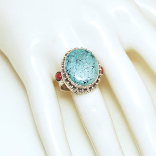 Bijoux ethniques indiens bague en argent 925 massif filigranes femme homme large chevalire rectangle perles et pierre fine vraie turquoise naturelle vritable corail rouge npalais - Npal 139 b