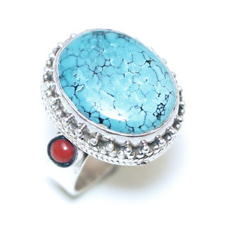 Bijoux ethniques indiens bague en argent 925 massif filigranes femme homme large chevalire rectangle perles et pierre fine vraie turquoise naturelle vritable corail rouge npalais - Npal 139