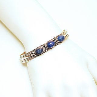 Bijoux indiens Ethniques bracelet argent 925 massif femme filigranes jonc pierre fine perle perles trio ovales Lapis-lazuli naturelle vritable - Npal 041 b