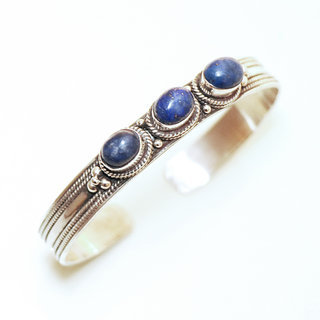 Bijoux indiens Ethniques bracelet argent 925 massif femme filigranes jonc pierre fine perle perles trio ovales Lapis-lazuli naturelle vritable - Npal 041 a